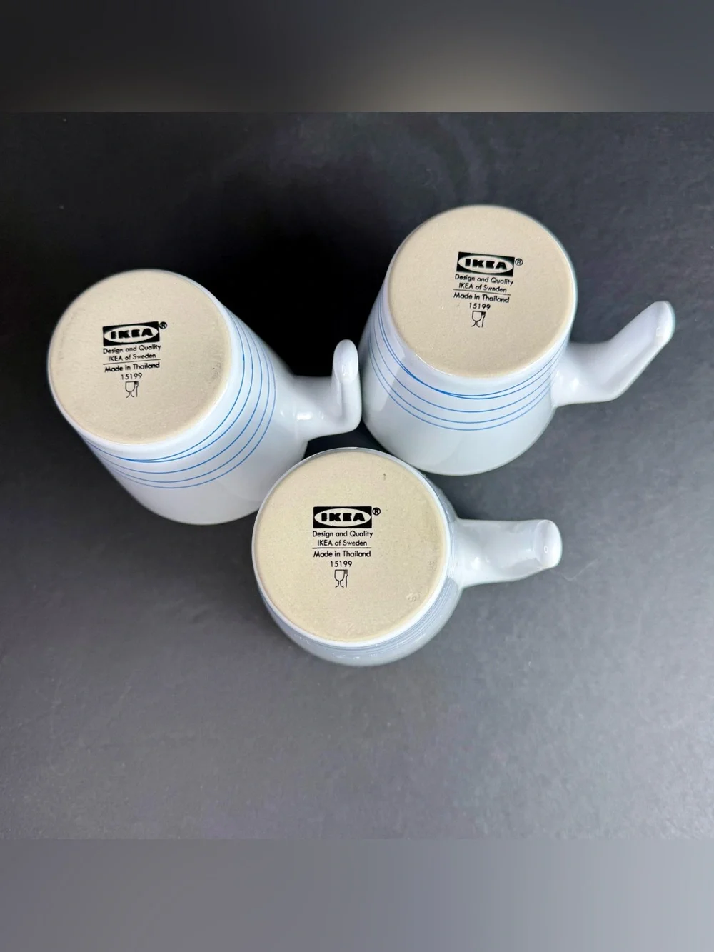 3 IKEA Hurrig Mugs White/Sky Blue Coffee Tea Cup Stackable Stick Handle Retired